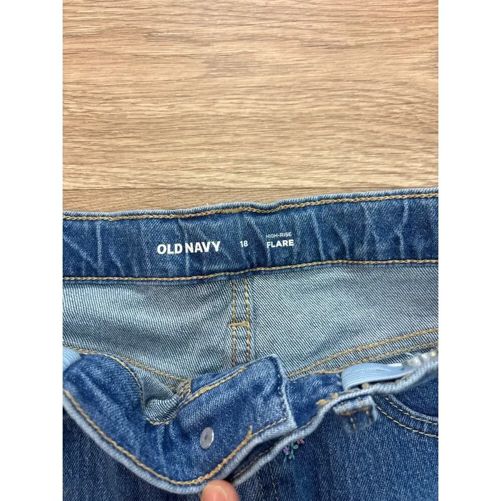 Old Navy Girls High-Rise Flare Jeans Embroidered Floral Blue Denim Size 18